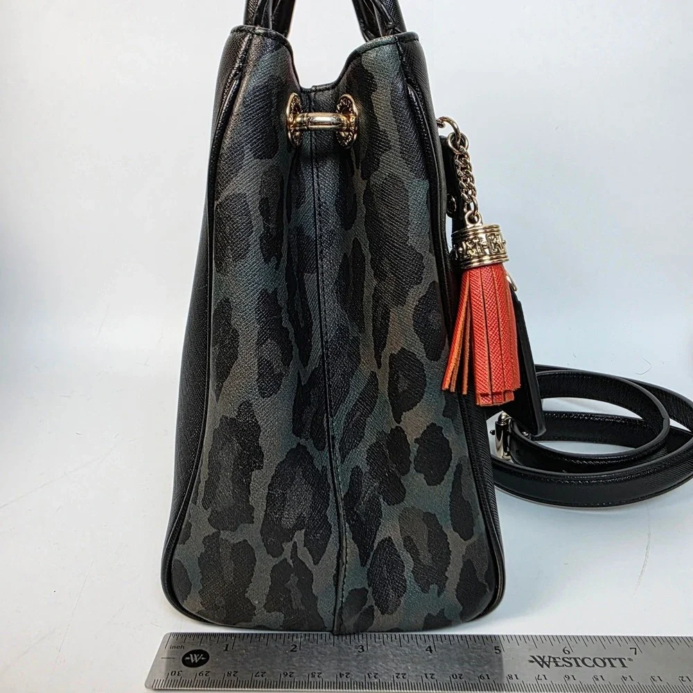 Metrocity Black Saffiano Leather Leopard Print Satchel Handbag Gold‎ Hardware